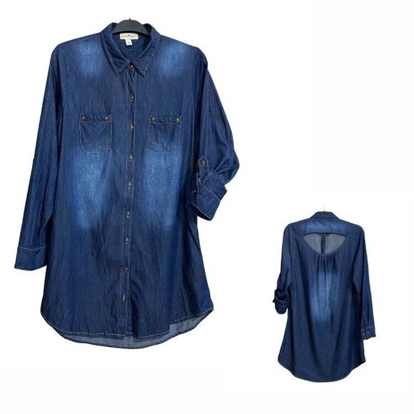 Derek Heart Blue Button Up Denim Jean Dress Size XL Roll Sleeve Keyhole Back - Picture 12 of 12